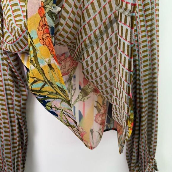 Anthropologie Conditions Apply Women’s Multi Viscose Neck Tie Semi Sheer Blouse - Picture 11 of 15